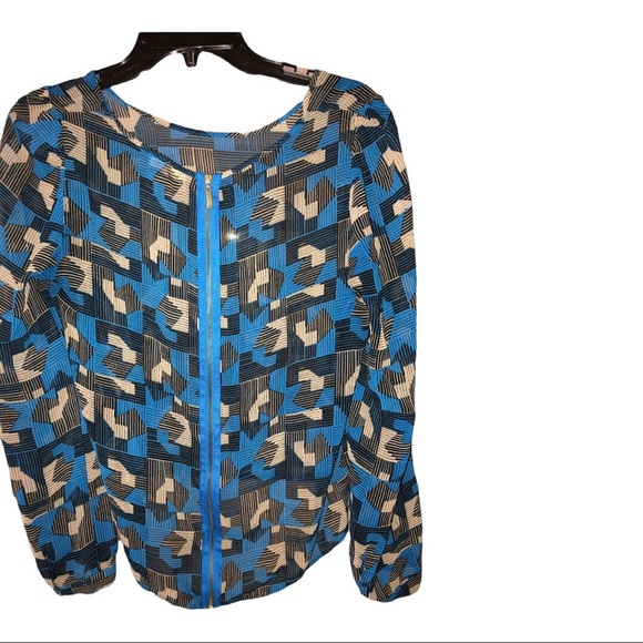 Blue Black Geometric sheer chiffon long sleeve hi-low full back zip blouse sz S - Picture 1 of 16